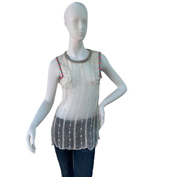 Custo Barcelona Sheer Ivory Lace Sleeveless Tank Top with Pink & Green Trim, S - Picture 1 of 7